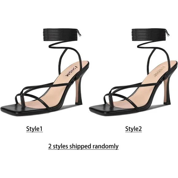 Women's Black Lace Up Square Toe Open Thong Stylish Comfortable Stiletto Heel - Picture 6 of 6